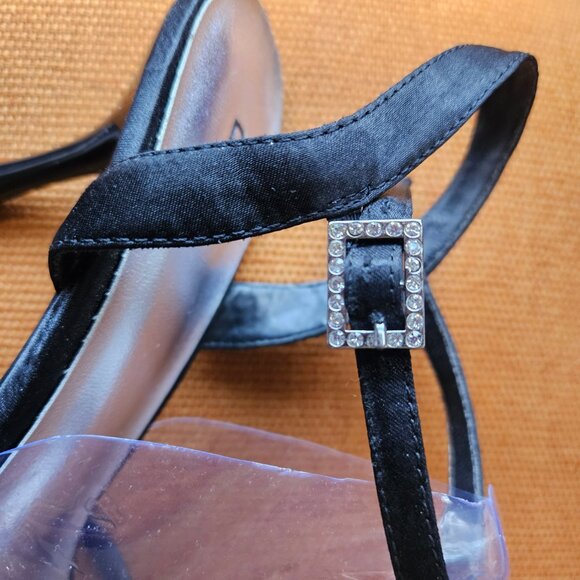 B BAKERS Black Satin Mallorie Sandals with Rhinestone Embellishments Sz 8.5B - Picture 6 of 9